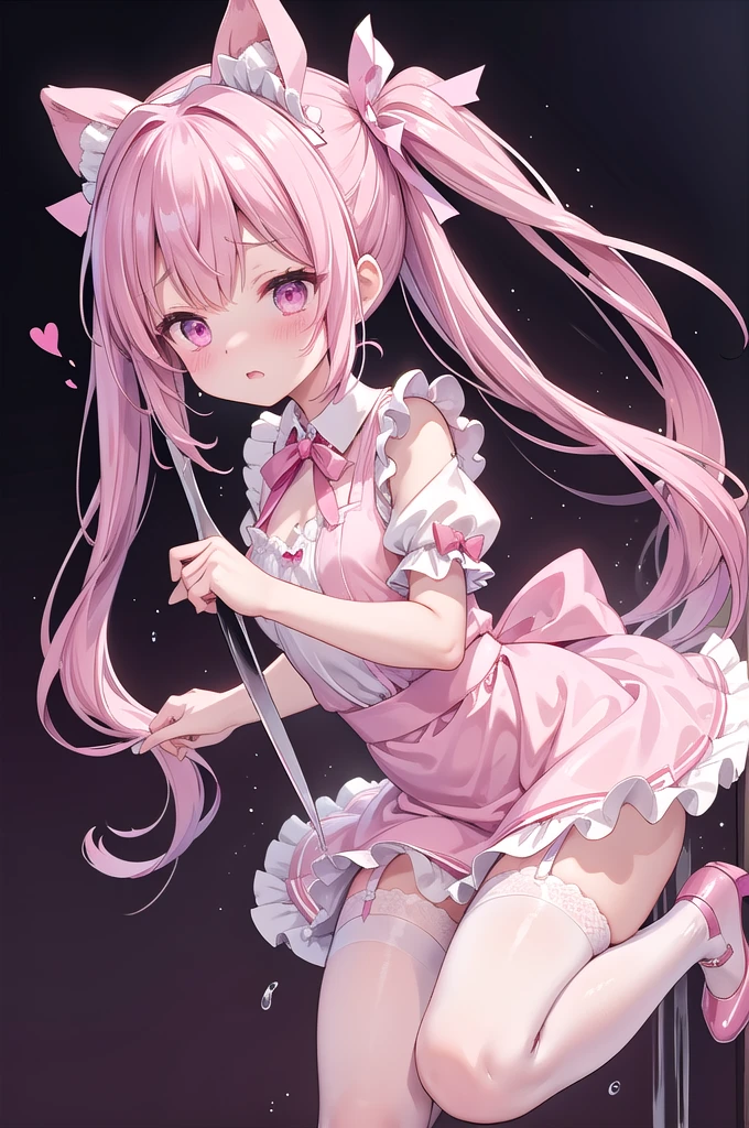 Highest quality、Shiny silk short sleeve sleeve pink maid outfit、See-through、Very short skirt、Big red bow、A short white ruffled apron、White garter belt with ribbon、Pink high heels with ribbon、Large headband with ribbon、Flushed Cheeks、Embarrassed look、panic、panic、Soaking wet、Great Khan、storm、Facing forward、Looking up from below