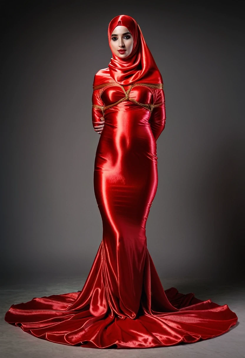 a sexy a woman covered in large red satin cloth, tied tightly with the satin cloth, mummified, the satin hanging down very long, a mermaid style dress, wearing a satin hijab, the satin cloth is very long, forming the curve of the body, wide and dramatic satin fabric tail , full body pose, see camera, masterpice, 4k resolution, ultra-realistic, highly detail.