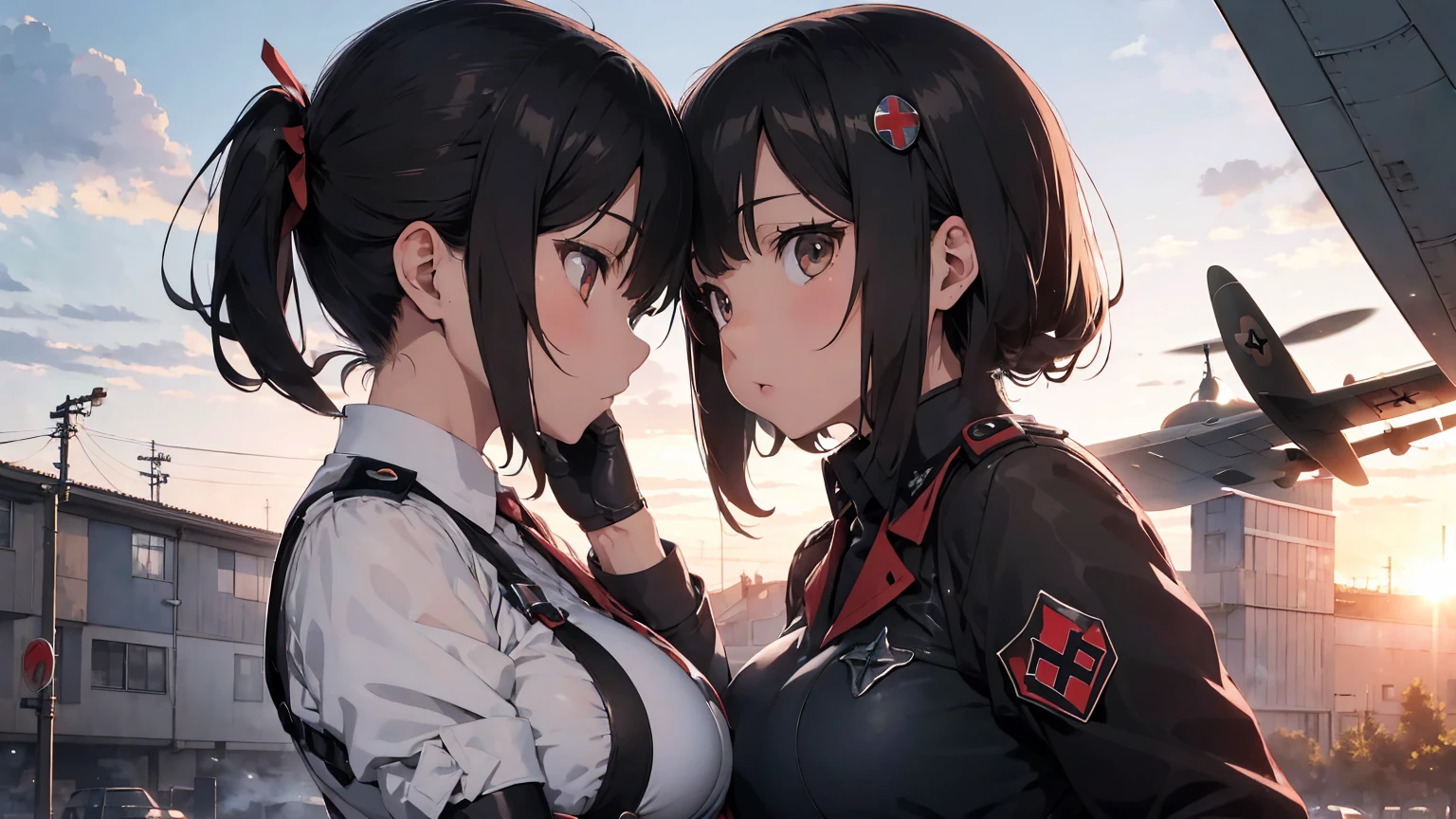 Gestapo uniform, female lesbian kawaii sisters kissing with Heinkel He 111 airplane in background. wearing Luftwaffe pilot uniforms. 8k. masterpiece. best quality. best artwork. lingerie. Swastika insignia red armband. busty bare breasts. nipples. sunset. snowing. sex