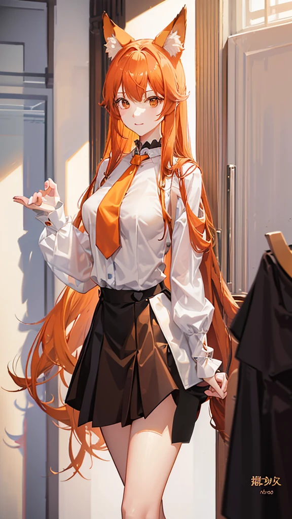 Standing full-length photo in anime style of a pretty 20-year-old girl with long, half-length orange hair, fox ears. large, delicate body and large bust, wearing sexy clothes, a loose white blouse, a slim orange tie, a short black skirt, white socks and black shoes. white image background
