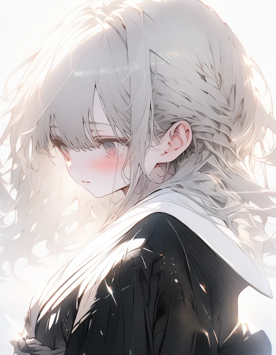 masterpiece, best quality, ((pure white background)), permanent, slim albino girl, white hair, white eyelashes, white eyebrows, cold face, White skin, Black T-shirt, sad expression, Light effect, soft, super clear, HD images, (front)