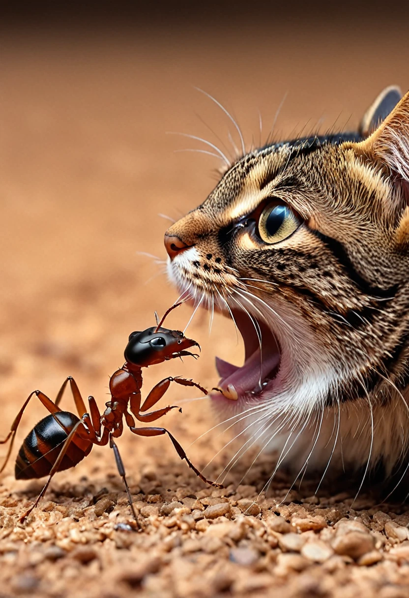 arafed a picture of an ant looking at a cat, picture taken from the ant point of view of the ant, hyperrealism style, vibrant, Ultra-high resolution, High Contrast, (masterpiece:1.5), highest quality, Best aesthetics), best details, best quality, highres, ultra wide angle, 16k, [ultra detailed], masterpiece, best quality, (extremely detailed) RAW