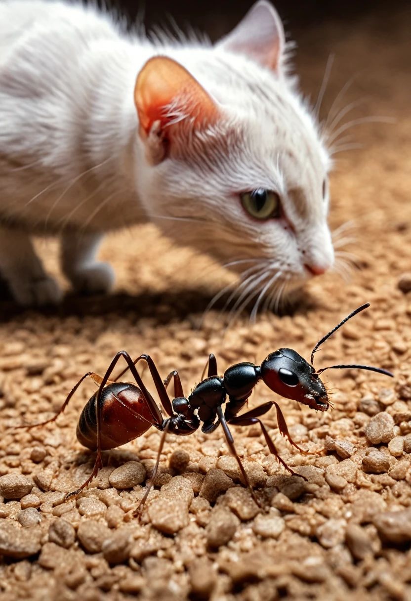 arafed a picture of an ant looking at a cat, picture taken from the ant point of view of the ant, hyperrealism style, vibrant, Ultra-high resolution, High Contrast, (masterpiece:1.5), highest quality, Best aesthetics), best details, best quality, highres, ultra wide angle, 16k, [ultra detailed], masterpiece, best quality, (extremely detailed) RAW