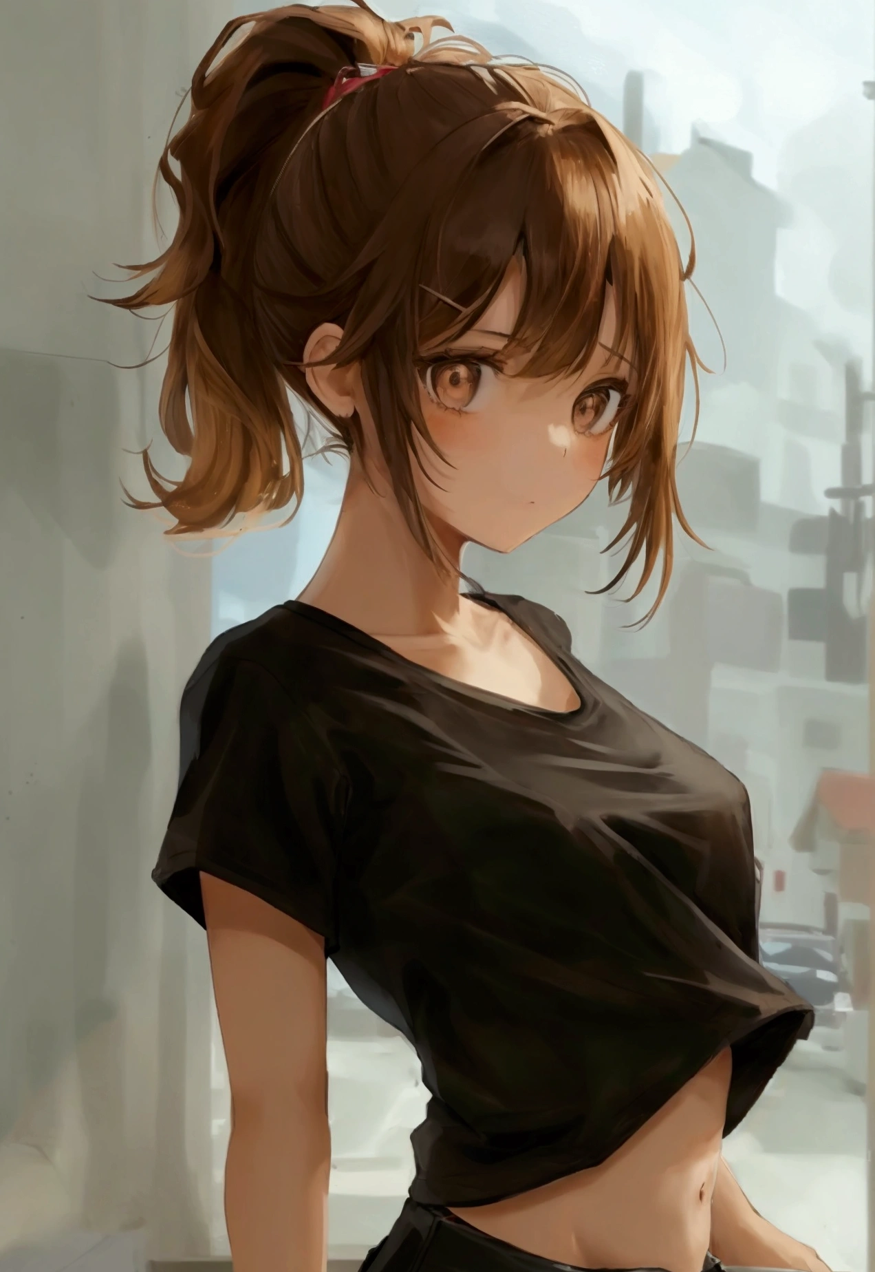 1girl, brown hair, pulled back into a ponytail, Brown eyes, blank look, fair skin, black T-shirt and black shorts