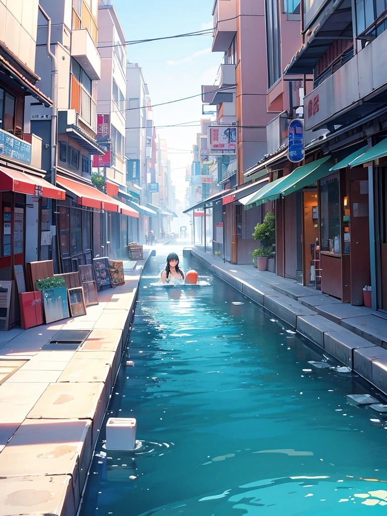 Immerse yourself in cold water up to your chest、bustling street」