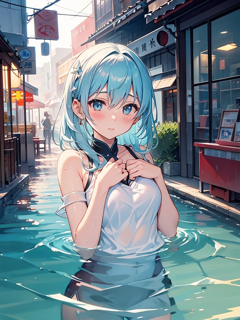 A young girl stands, visibly wilting under the oppressive heat of a summer day. Her short hair, styled in a refreshing, carefree cut, flutters slightly in a rare, gentle breeze. The strands, light and airy, frame her delicate face, enhancing the deep blue of her weary eyes.
Her eyes, though beautiful, are half-lidded with exhaustion, and her expression conveys a palpable sense of fatigue. Sweat beads on her forehead, glistening in the harsh sunlight, and a faint flush colors her cheeks, illustrating the sweltering temperature.
She wears a light, thin summer outfit – a sleeveless top and shorts – in an attempt to combat the heat. The fabric clings slightly to her slender frame, highlighting her , delicate build. Her posture is slouched, shoulders drooping and one hand holding a cold drink, condensation dripping down the side of the bottle, while the other wipes sweat from her brow.
The background is a hazy, sun-drenched street, the heat waves rising visibly from the ground, blurring the distant scenery. A cicada's cry adds to the sense of relentless summer heat, emphasizing the stifling atmosphere. The colors are bright and intense, with the sun's rays almost tangible, casting sharp, stark shadows.
The scene captures the essence of a scorching summer day, making the observer almost feel the oppressive heat themselves. The girl's body language and expression convey her struggle against the high temperature, while her light clothing and the overall color palette enhance the sense of sweltering heat and the desperate search for relief.
