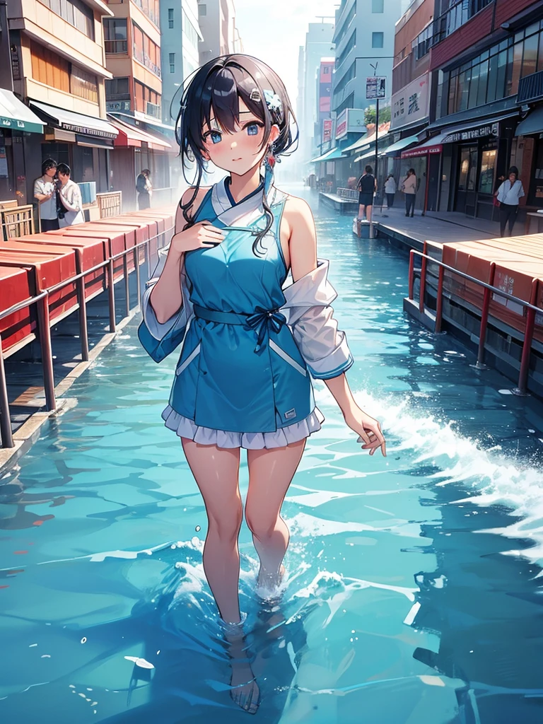 Immerse yourself in cold water up to your chest、bustling street」