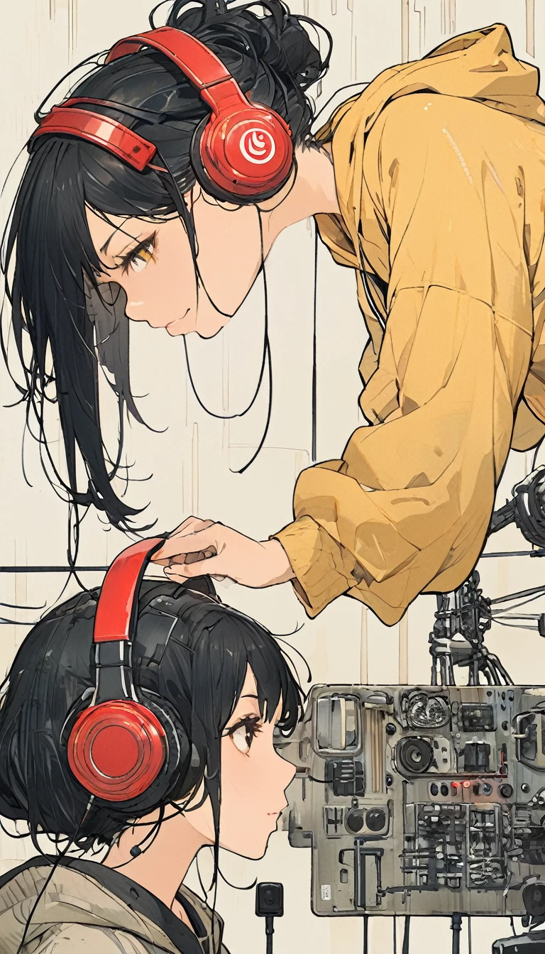 The Style of Kawanabe Kyosai、Black Hair、woman、Yellow hoodie、Black Hair、profile、Headphones、Shortcuts