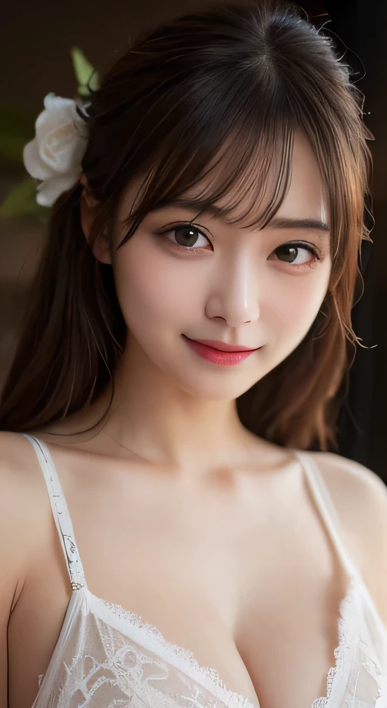 8k,Pieces fly, Highest quality, figure, Very detailed, finely, High resolution, 8k壁紙, Perfect dynamic composition, Dark and beautiful eyes, Natural color lip, Random cute poses,smile,Cleavage,Detailed eyes, (negligee)