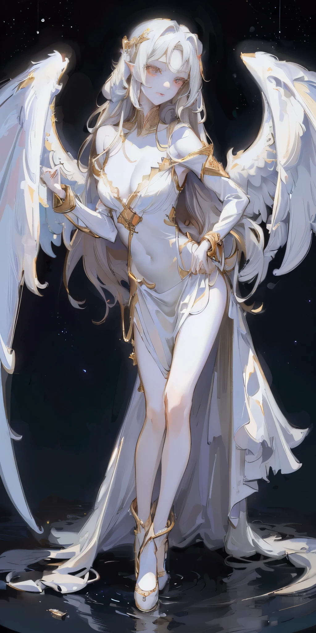 Designed by nty, 1 girl, (((8K, RAW photos, best quality, masterpiece: 1.4))), (((angelic woman))), ultra high resolution, Super detailed, light, Close-up cleavage, beautiful girl, red eyes, (delicate eyes, eyes are very bright:1.2), gray medium length hair, angelic, Pale complexion, Ear piercing, White clothes, Meticulous clothes, gold accessories on clothes, (perfect anatomy:1.2), High quality shadows, natural lighting, (White highlights:1.2), night, cloudy day, (angel wings:1.2), (starry sky:1.2)