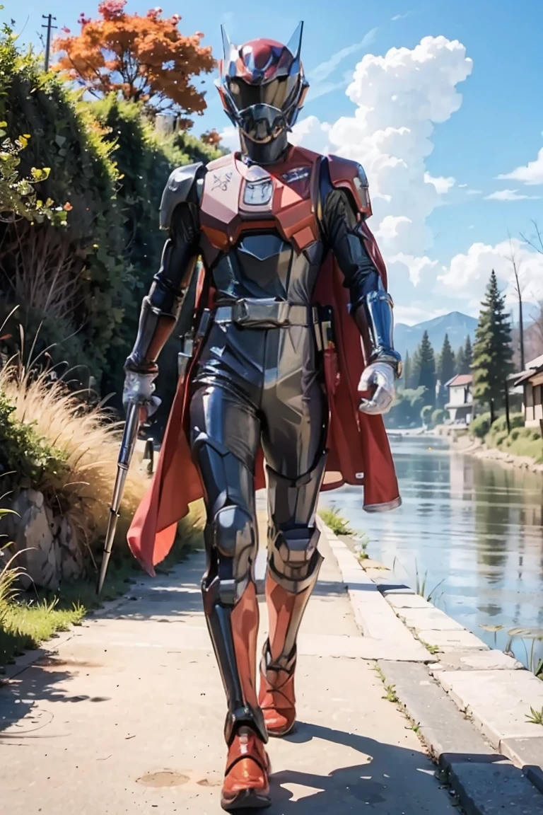 The sunset flies with the lonely geese in the distance, and the autumn river water and the vast sky are connected, icons,1boy, full body, Illustration, cinematic light, high resolution, best quality, ultra detailed, masterpiece, power suit, powerranger, suit, spd, (silver ranger suit), gold detail, shoulder cloak,