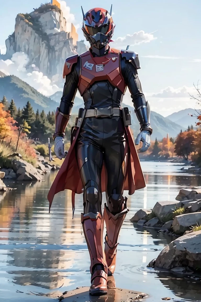 The sunset flies with the lonely geese in the distance, and the autumn river water and the vast sky are connected, icons,1boy, full body, Illustration, cinematic light, high resolution, best quality, ultra detailed, masterpiece, power suit, powerranger, suit, spd, (silver ranger suit), gold detail, shoulder cloak,