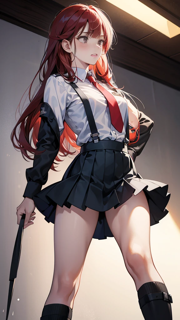 {{masterpiece}}, {{{best quality}}},{{ultra-detailed}}, {{illustration}},{{tall stature}},{{adult women}},{{Fighting stance}},,,{{blushing with anger}},,{{Long sleeve mini skirt uniform}},,,{{blushing with anger}},}{}},{fighting stance}},{},{}, ,{{}},{{Eyelet foot}},,{{From Below }},{{v-shaped eyebrows}},,{{}},{{}},,Slender body}}{{Avoidance}}{{Female police officer}},,,,suspenders　,Long sleeve mini skirt uniform, White High Socks,Black fingerless gloves, Long Red Hair, Red tie,Straight hair ,Blunt bangs,Thigh holster,.amountn loafer,,blush,Wrinkles ,amount,Grit your teeth,suffering,.,Sweat dripping,Medium chest ,get annoyed,,Slums,,Twisting,