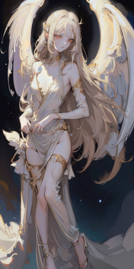 Designed by nty, 1 girl, (((8K, RAW photos, best quality, masterpiece: 1.4))), (((angelic woman))), ultra high resolution, Super detailed, light, Close-up cleavage, beautiful girl, red eyes, (delicate eyes, eyes are very bright:1.2), gray medium length hair, angelic, Pale complexion, Ear piercing, White clothes, Meticulous clothes, gold accessories on clothes, (perfect anatomy:1.2), High quality shadows, natural lighting, (White highlights:1.2), night, cloudy day, (angel wings:1.2), (starry sky:1.2)
