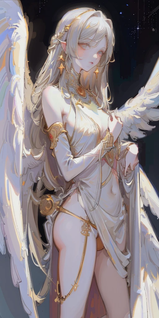 Designed by nty, 1 girl, (((8K, RAW photos, best quality, masterpiece: 1.4))), (((angelic woman))), ultra high resolution, Super detailed, light, Close-up cleavage, beautiful girl, red eyes, (delicate eyes, eyes are very bright:1.2), gray medium length hair, angelic, Pale complexion, Ear piercing, White clothes, Meticulous clothes, gold accessories on clothes, (perfect anatomy:1.2), High quality shadows, natural lighting, (White highlights:1.2), night, cloudy day, (angel wings:1.2), (starry sky:1.2)