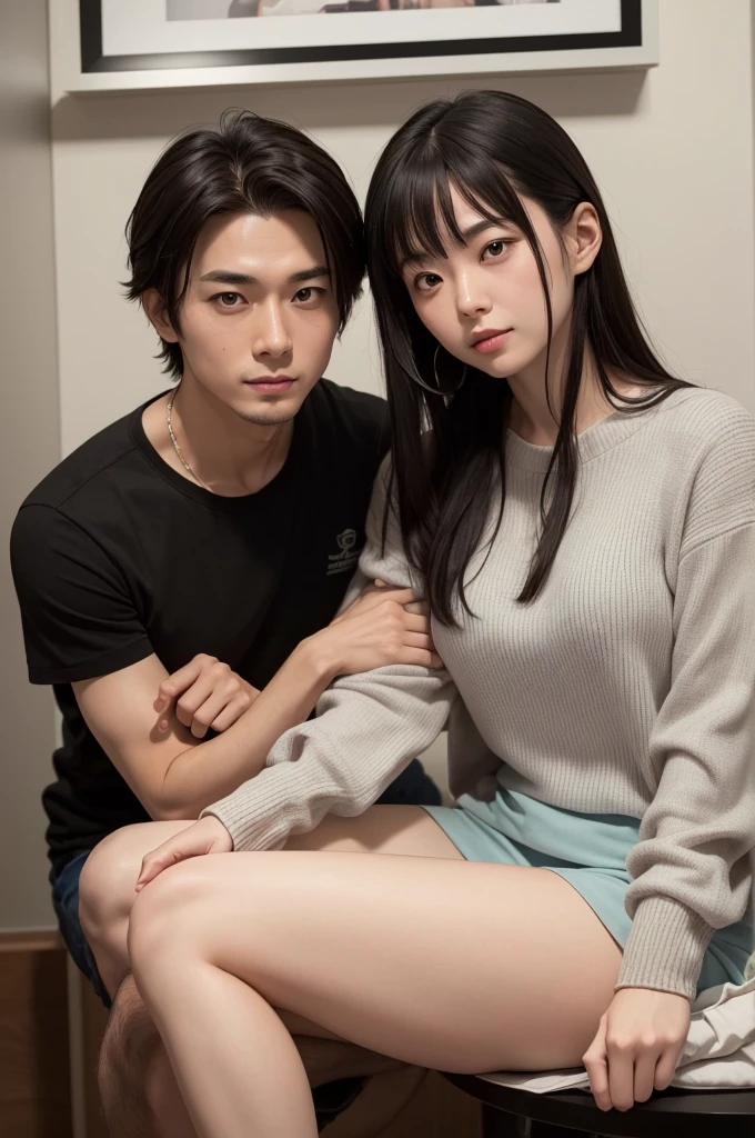 Photo anime couple brunette man with curly hair and white woman with straight black hair