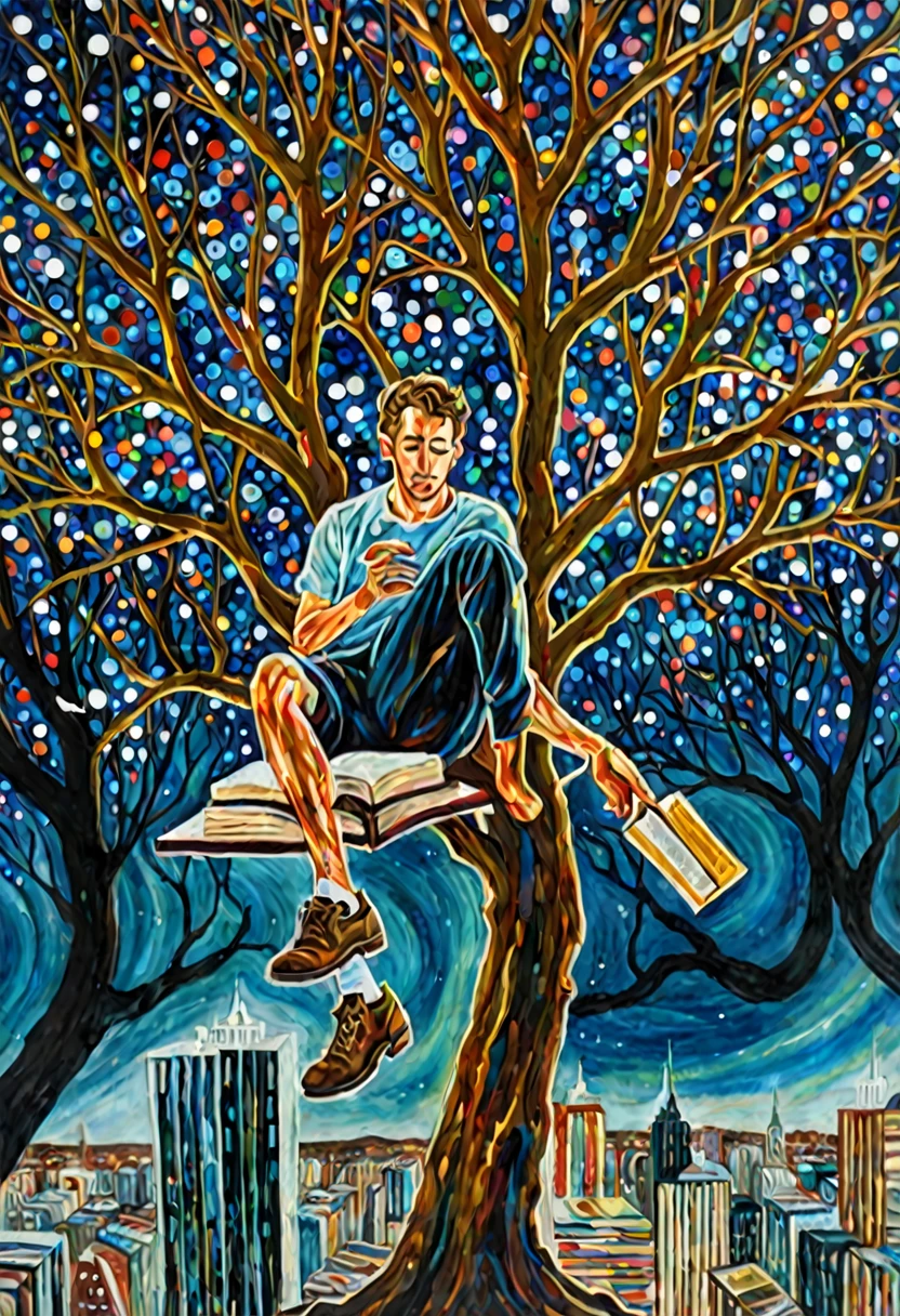 An impressionist oil painting of a man sitting in a lone tree, surrounded by the chaos of the modern world below. The man's body is depicted with abstract and color glitches, creating a surreal appearance. He is thickened in reading books while perched amidst the branches, with the night sky as his only source of light. The stars twinkle brightly, casting a soft glow on the scene. The background reveals a messy, chaotic cityscape, highlighting the man's separation from the world below. --ar 9:16 --v 6 --s 100