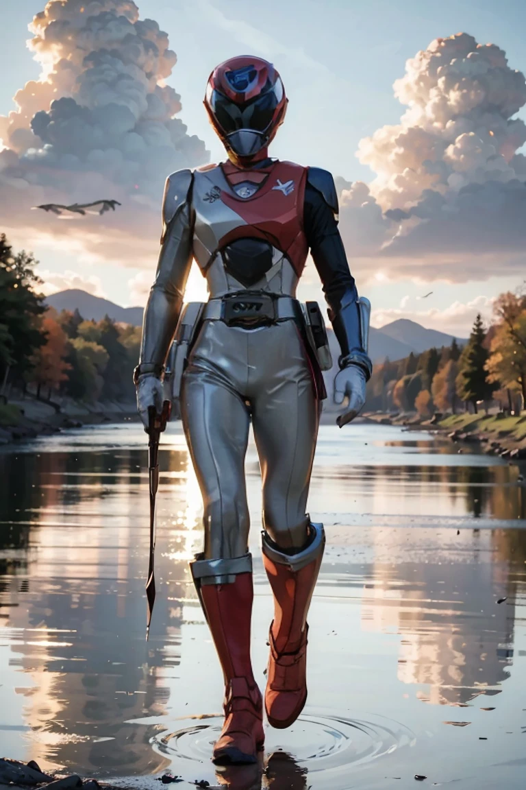 The sunset flies with the lonely geese in the distance, and the autumn river water and the vast sky are connected, icons,1boy, white, full body, Illustration, cinematic light, high resolution, best quality, ultra detailed, masterpiece, power suit, powerranger, suit, spd, (silver royal guard ranger suit), gold detail