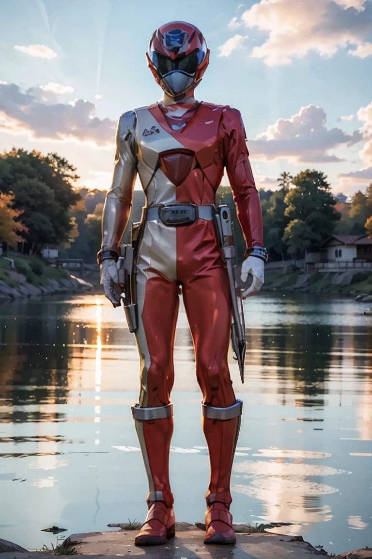 The sunset flies with the lonely geese in the distance, and the autumn river water and the vast sky are connected, icons,1boy, white, full body, Illustration, cinematic light, high resolution, best quality, ultra detailed, masterpiece, power suit, powerranger, suit, spd, (silver royal guard ranger suit), gold detail