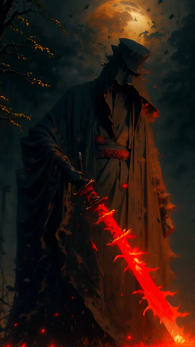 (Best quality, ultra detailed), dark, wet, artificial raindrops falling, ancient Japanese warrior standing in the rain, traditional Japanese bamboo hat (kasa), dense forest landscape, majestic and serene nature, full moon shining in the sky nocturnal, black kimono with fluorescent red stripes that glow in the moonlight, sharp and drawn samurai sword (katana),