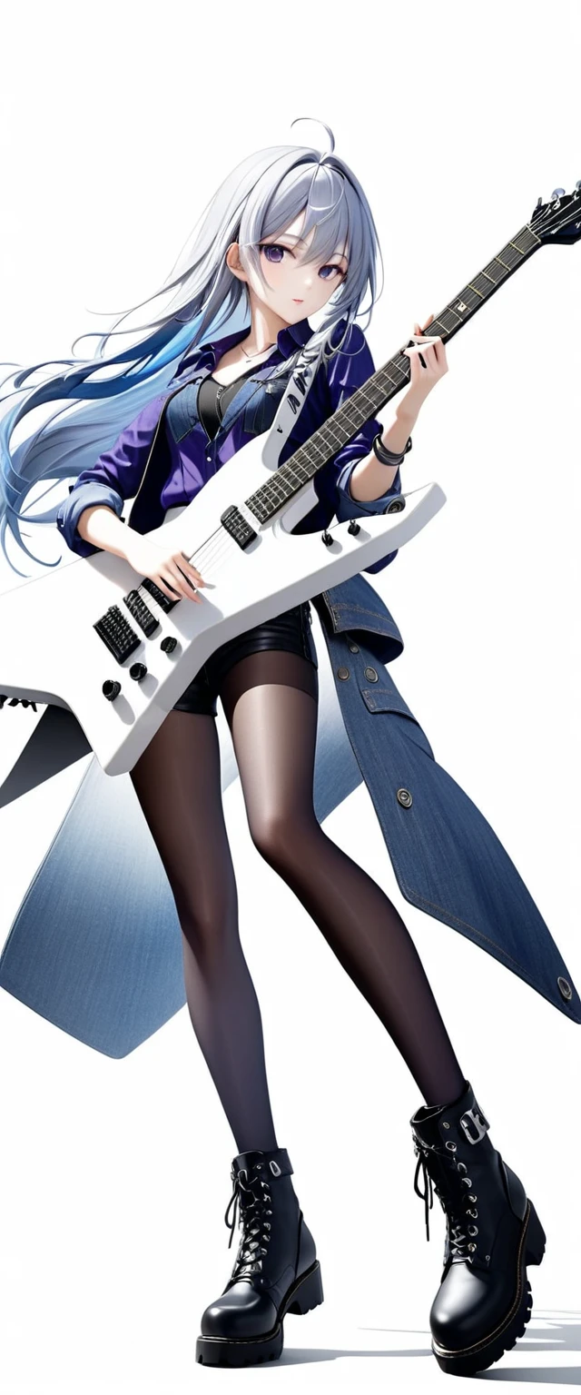 (((White background:1.5)))、(The subject and guitar are in full view),(((Composition from afar:1.5))),(((full body:1.2)))、(very wide shot)、(masterpiece、Ultra HD、Highest quality、Masterpiece、4K:1.2)、Slender body、Scandinavian metal girl playing a white electric guitar, (((A strong gaze on the guitar:1.2))), Intricate details, Highly detailed eyes, Highly detailed fingers、(Purple shirt and blue jeans) 、Long silver hair、Wear black boots、(((Dynamic and lively pose:1.5)))、Perfect Style、8Head to Body、Playing guitar on stage、Live