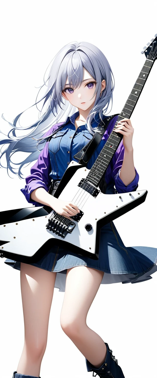 (((White background:1.5)))、(The subject and guitar are in full view),(((Composition from afar:1.5))),(((full body:1.2)))、(very wide shot)、(masterpiece、Ultra HD、Highest quality、Masterpiece、４K:1.2)、Slender body、Scandinavian metal girl playing a white electric guitar, (((A strong gaze on the guitar:1.2))), Intricate details, Highly detailed eyes, Highly detailed fingers、(Purple shirt and blue jeans) 、Long silver hair、Wear black boots、(((Dynamic and lively pose:1.5)))、Perfect Style、８Head to Body、Playing guitar on stage、Live