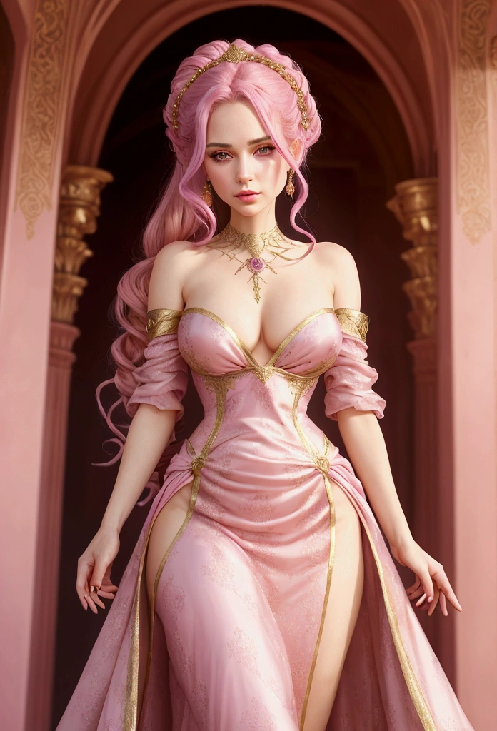 Create a realistic Caucasian woman with deep magenta eyes and long, wavy pink hair styled in an elegant updo. She is slender with small breasts. She wears a regal, ethereal dress with elegant and fantasy elements, featuring a gold, pastel pink, and rose gold color scheme. The dress has intricate spider web patterns and motifs.