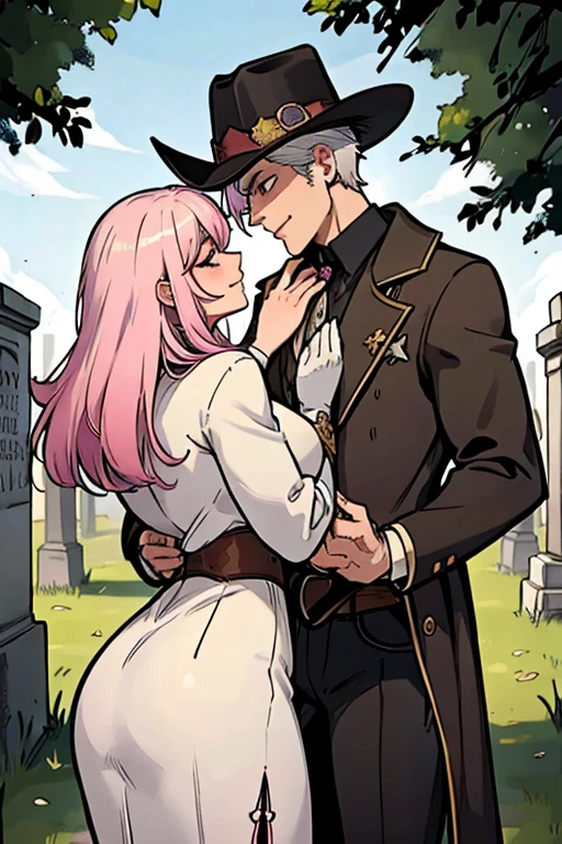 One man. One woman. Perfect faces. Perfect hands. A handsome pink haired cowgirl with violet eyes and an hourglass figure in a sheriff's outfit is kissing a young white haired man in a cowboy outfit in the cemetery in a wild west town with big smiles