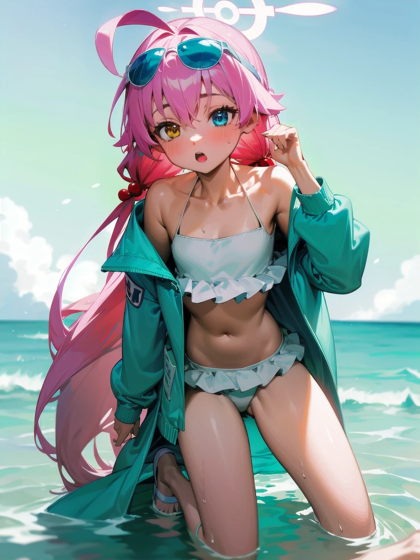 Yellow eyes, Pink Hair, Ahog, Bikini, Ruffles, Open clothes, Off-shoulder,  open jacket, ocean, low Double tail, sunglasses, Hair shaking,  Heterochromia, Halo, white Bikini, sandals, Double tail, very Long hair, clavicle, jacket, swimsuit, blue jacket, Long hair, Bangs, blue eyes, Hair accessories, Long sleeve, Umbilical cord, Hair between the eyes, 裸Off-shoulder膀, Wearing glasses on head, frilled Bikini, White-framed glasses, Hoshino \(Blue Files\),HoshinoSS,1 Girl,Solitary,Extremely detailed CG unity 8k wallpaper,((beautiful)),(high quality),a very delicate and beautiful,((masterpiece)),(Extremely detailed CG unity 8k wallpaper,masterpiece, best quality, Extremely detailed, beautiful detailed eyes:1.2),Slightly fat，Belly