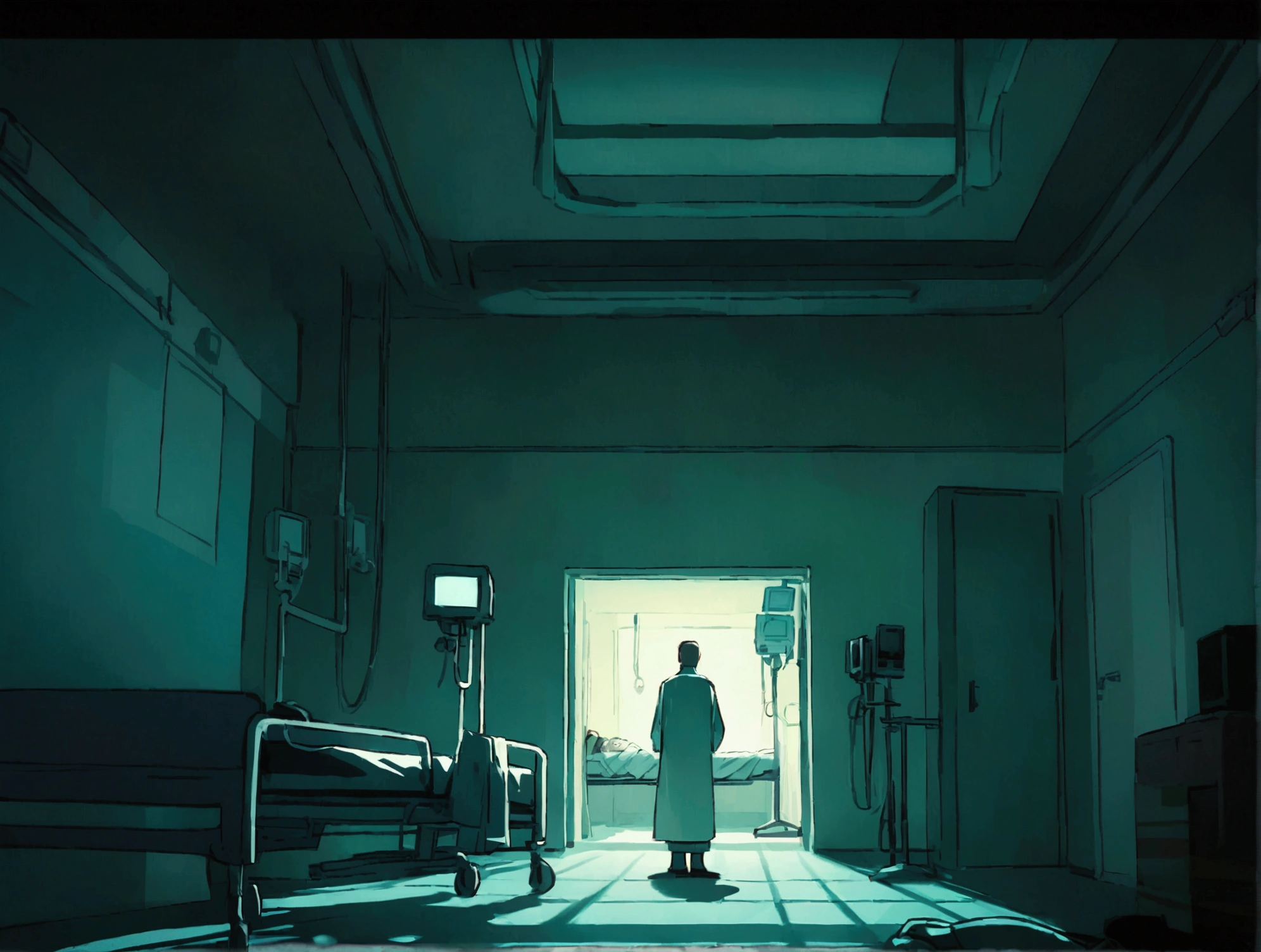 Create an image of a terrified man in a hospital bed. The man is sitting up, with wide, fearful eyes and a look of panic on his face. The hospital room is dimly lit, with shadows creating a tense atmosphere. The bed is surrounded by typical hospital equipment, such as monitors and an IV stand. The overall mood of the image should be one of intense fear and anxiety, capturing the man's terror in the unsettling hospital environment