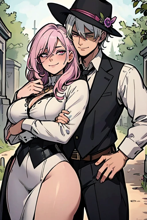 One man. One woman. Perfect faces. Perfect hands. A handsome pink haired cowgirl with violet eyes and an hourglass figure in a sheriff's outfit is hugging a young white haired man in a cowboy outfit in the cemetery in a wild west town with big smiles
