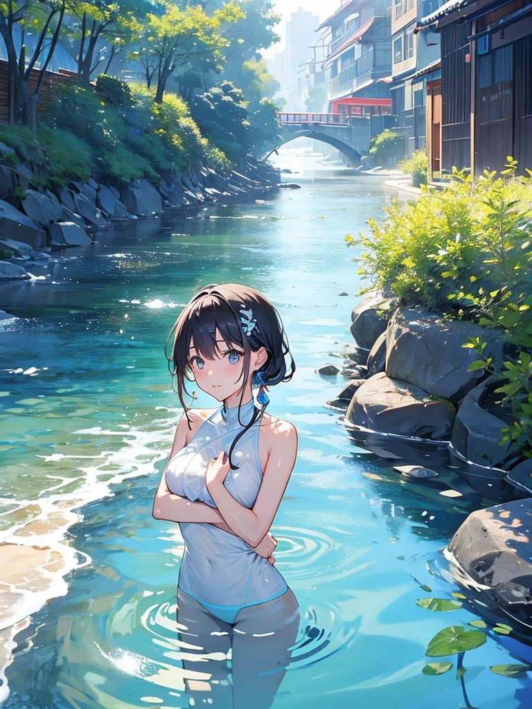 Immerse yourself in cold water up to your chest、bustling street」