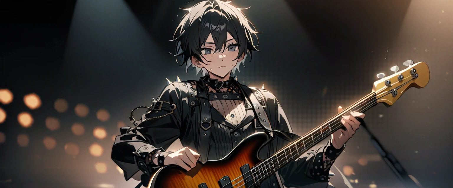 (((masterpiece,Highest quality))),(((A male anime character with messy black hair and black eyes dressed in a spiky patent leather visual kei outfit))),(((Holding and playing a bass guitar))),(((He plays a steampunk-style electric guitar on stage.,Sweating while playing))),Focus on the upper body,(high quality),アニメ