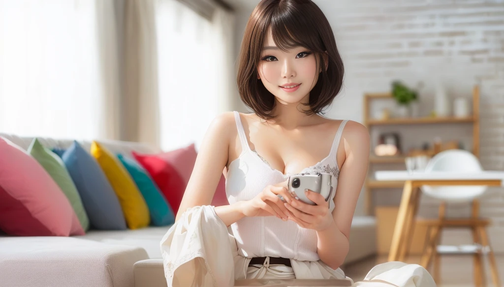 masterpiece, realistic, photorealistic, best quality, beautiful detailed, natural lighting, sharp focus, depth of field, cleavage, best quality real texture skin, Detailed beautiful delicate face and eyes, beautiful Japanese young woman, eyes open, looking at viewer, best quality real texture skin, Detailed beautiful delicate face and eyes, double eyelid, smile:1.2, white teeth:1.2, very short straight brown hair, 