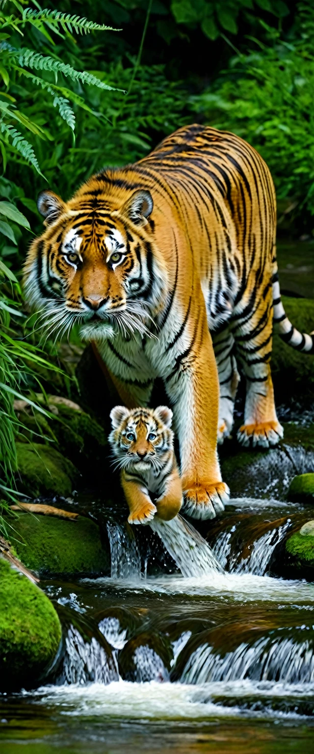 A Siberian tiger in a stream with its cub 