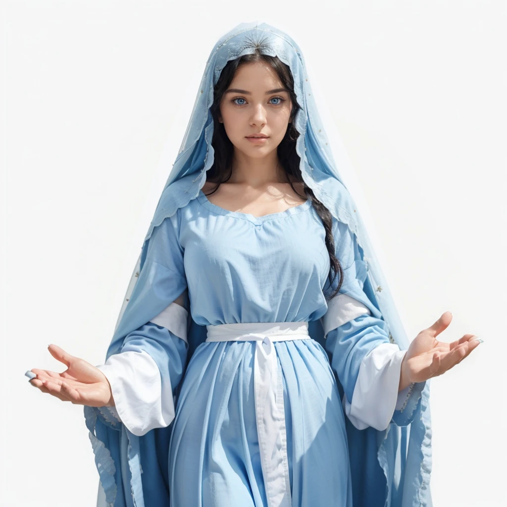 Beautiful woman with light blue eyes, curly black hair, wearing a blue tunic with wide, long sleeves adjusted at the waist by a white sash. Wear a thick white veil. She has open arms. Beautiful female hands