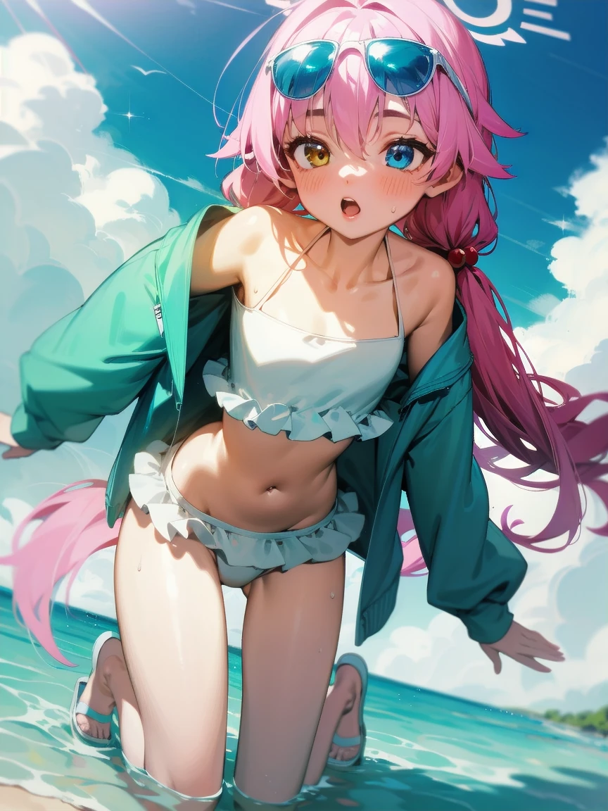 Yellow eyes, Pink Hair, Ahog, Bikini, Ruffles, Open clothes, Off-shoulder,  open jacket, ocean, low Double tail, sunglasses, Hair shaking,  Heterochromia, Halo, white Bikini, sandals, Double tail, very Long hair, clavicle, jacket, swimsuit, blue jacket, Long hair, Bangs, blue eyes, Hair accessories, Long sleeve, Umbilical cord, Hair between the eyes, 裸Off-shoulder膀, Wearing glasses on head, frilled Bikini, White-framed glasses, Hoshino \(Blue Files\),HoshinoSS,1 Girl,Solitary,Extremely detailed CG unity 8k wallpaper,((beautiful)),(high quality),a very delicate and beautiful,((masterpiece)),(Extremely detailed CG unity 8k wallpaper,masterpiece, best quality, Extremely detailed, beautiful detailed eyes:1.2),Slightly fat，Fat belly，Flesh