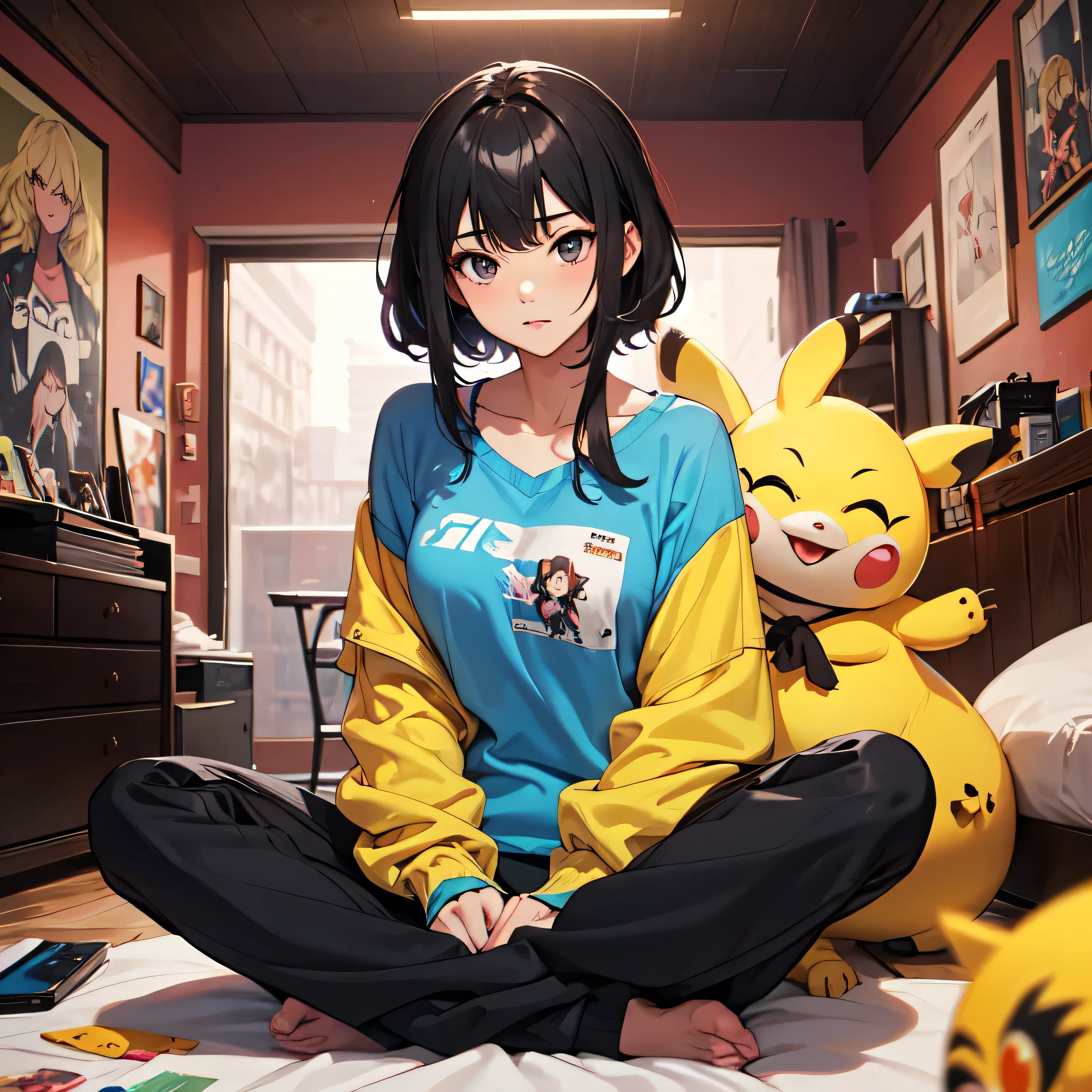 Black-haired anime girl wearing loungewear, a digital painting inspired by Ross Drowze, Art Station, graffiti, artgerm and Ross Drowze, Ross Drowze cartoon vibrant, Fan art of girls in their own rooms, :: Ross Drowze, Artgerm Style, Style Art Germ, Anime Style 4k, Ross Drowze sakimimichan, Artgerm Style