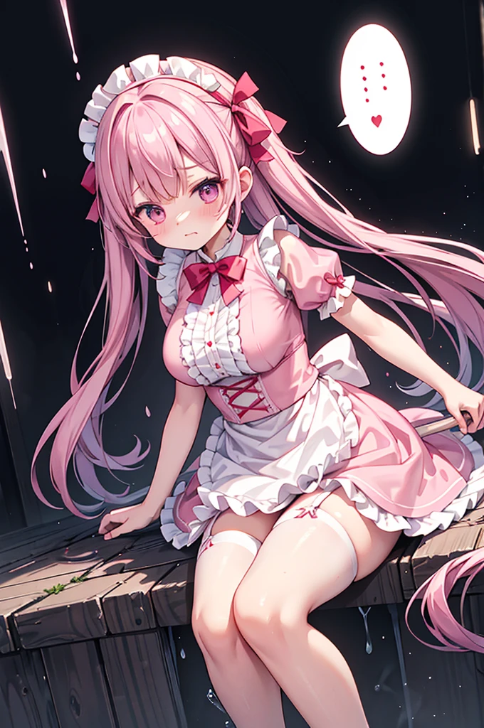 Highest quality、Shiny silk short sleeve puff sleeve pink maid outfit、See-through、Very short skirt、Big red bow、A short white ruffled apron、White garter belt with ribbon、Pink high heels with ribbon、Large headband with ribbon、Flushed Cheeks、Embarrassed look、panic、panic、Soaking wet、Big Breasts、Great Khan、incontinence、storm、Facing forward、Looking up from below