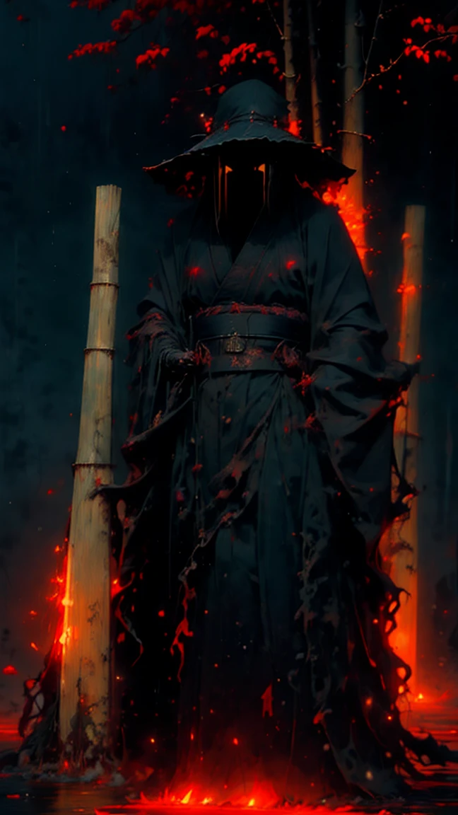 (Best quality, ultra detailed), dark, wet, artificial raindrops falling,a close up of a ancient Japanese warrior standing in the rain, traditional Japanese bamboo hat (kasa), dense forest landscape, majestic and serene nature, full moon shining in the sky nocturnal, black kimono with fluorescent red stripes that glow in the moonlight.
