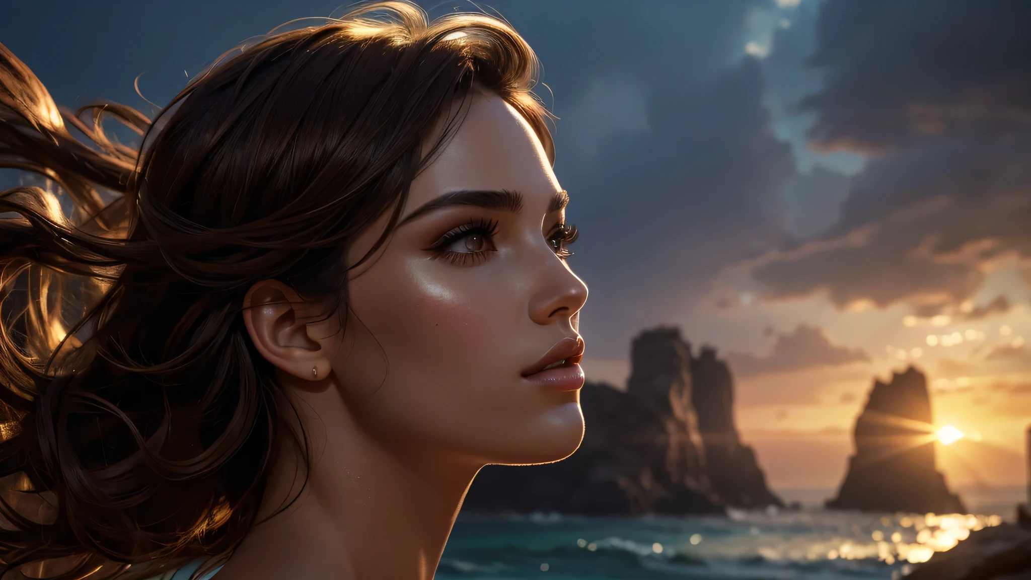 Estelle, full body figure, basic swimsuit, no shoes, character design sheet, different angles, different poses with detailed face, front view, back view, profile view, glistening skin, studio, super detailed, HD, visible pores, perfect hair, very detailed hair, perfect, very beautiful, a hyper realistic, masterpiece, highly detailed, cinematic lighting, ray tracing, cinematic composition. award winning photo, high contrast, light sparkles, clear face, beautiful dark brown eyes, eyes match, perfect eyelashes