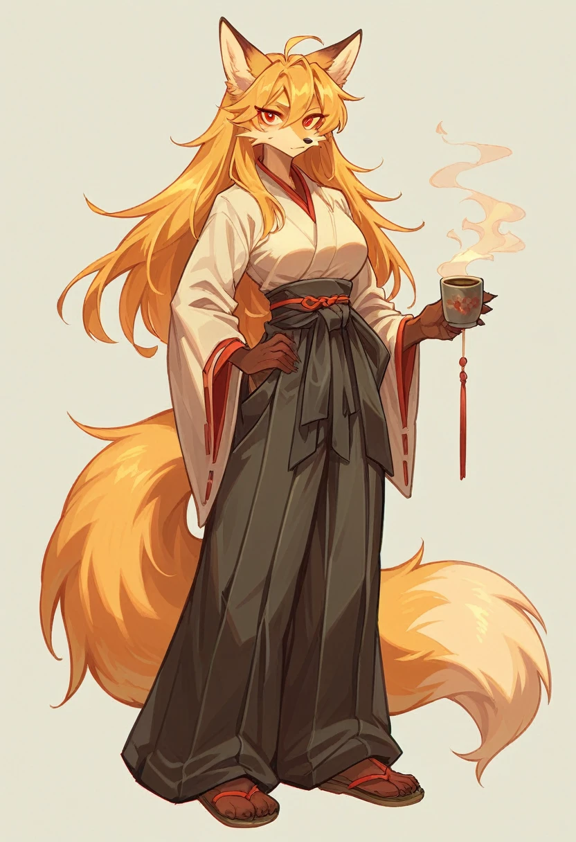 (full body,A Cup,The left hand is on the hip,The right hand is hidden),Fox woman, Furry, Golden fur, Golden facial fur, long golden hair, The hair on his hands is golden, Golden yellow hair on the back of the hand, Light-filled eyes, Red eyes, Brown elements of fur,Hakama,Sword on waist,Very fine fur, Fluffy tail,A Cup