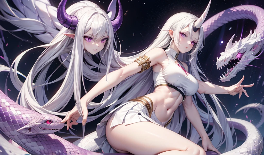 Adult woman with long white hair, Huge breasts,pale skin,Demon horn,Purple Eyes,White top,Abdominal muscles,Bare arms,Small white skirt,Bare Legs,Big snake