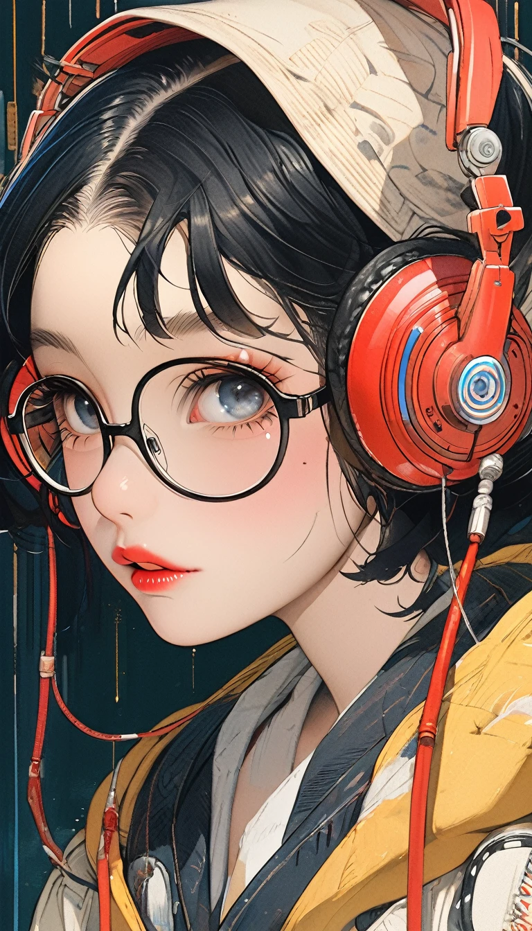 A girl with glasses, black hair, wearing a yellow hoodie, headphones, and short haircut, in the style of Kawanabe Kyosai, detailed portrait, beautiful detailed eyes, beautiful detailed lips, extremely detailed face, long eyelashes, realistic, photorealistic, high resolution, 8k, best quality, masterpiece, ultra-detailed, vivid colors, soft lighting