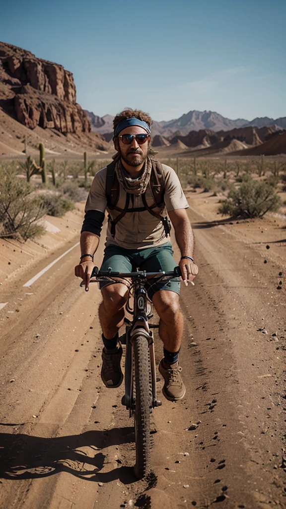 Create a bandana with desert colors and bikepacking elements, in basic illustration