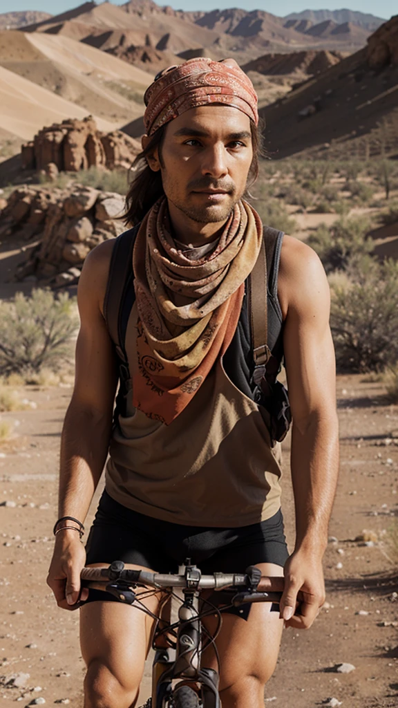 Create a bandana with desert colors and bikepacking elements, in basic illustration