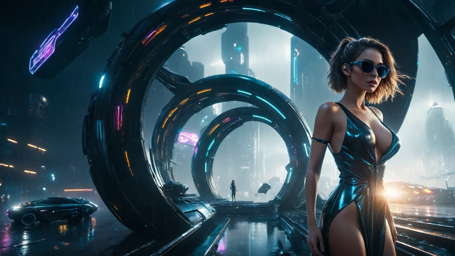 (aerial view, a flying cars docking platform, a very dark abandoned futuristic city, neon lights), rainy night. 1girl, solo, alone, large-breast:1.2 slim body, cleavage:1.1, sexy wind blowing wet dress:1.4, (headphone, black sunglasses), (((((she raised:1.8 a pistol:1.8 and took aim at viewer))))), dynamic pose, (((half-body thigh level medium shot))), cinematic lighting, lens flare, ray tracing.