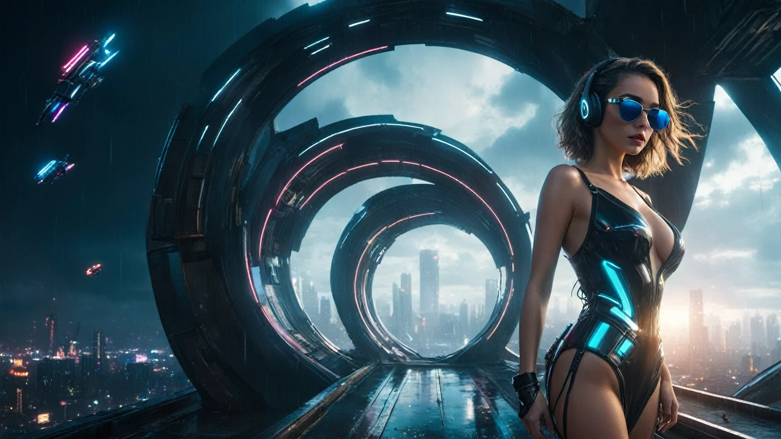 (aerial view, a flying cars docking platform, a very dark abandoned futuristic city, neon lights), rainy night. 1girl, solo, alone, large-breast:1.2 slim body, cleavage:1.1, sexy wind blowing wet dress:1.4, (headphone, black sunglasses), (((((she raised:1.8 a pistol:1.8 and took aim at viewer))))), dynamic pose, (((half-body thigh level medium shot))), cinematic lighting, lens flare, ray tracing.