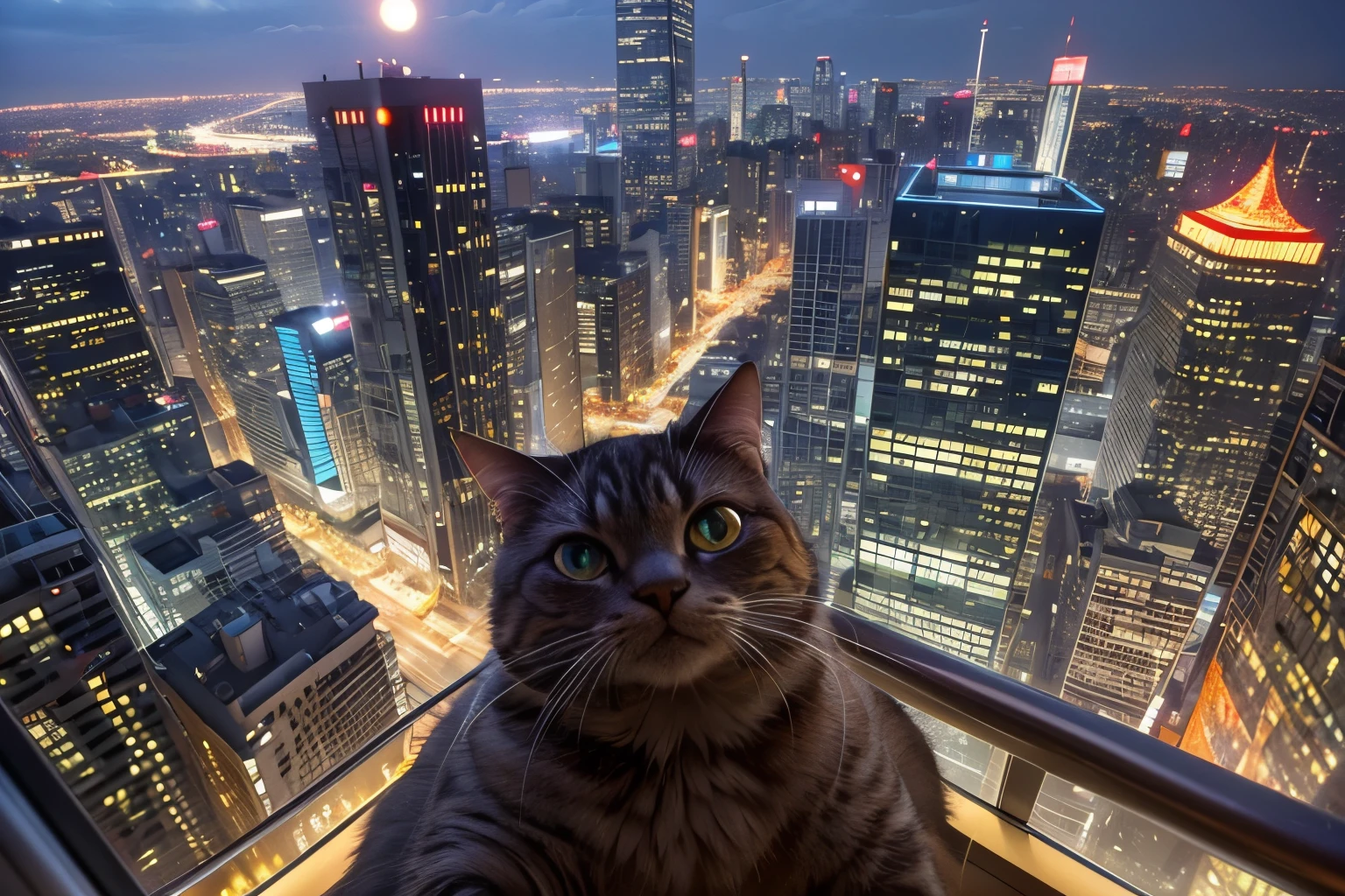 ((Masterpiece, top quality, high resolution)), ((highly detailed CG unified 8K wallpaper)), arafed cat sitting on a ledge above a city at night, cat attacking tokyo, perched on a skyscraper, cyberpunk cat, planet of the cats, giant cat monster, with a city in the background, city in the background, towering over a city, acrophobia, bird's eye view, neko, very very surreal, bird eye view,