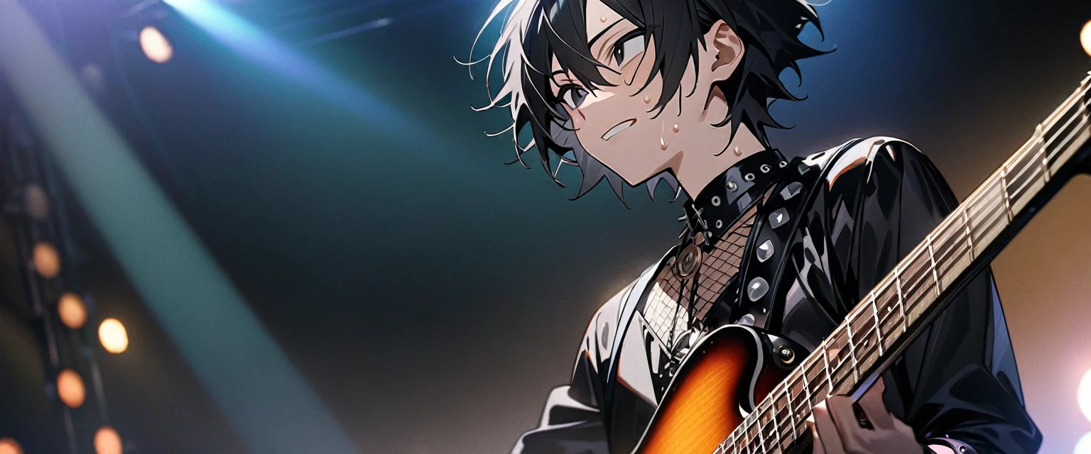 (((masterpiece,Highest quality))),(((A male anime character with messy black hair and black eyes dressed in a spiky patent leather visual kei outfit))),(((Holding and playing a bass guitar))),(((He plays a steampunk-style electric guitar on stage.,He is performing with a straight face while sweating.))),Focus on the upper body,(high quality),アニメ